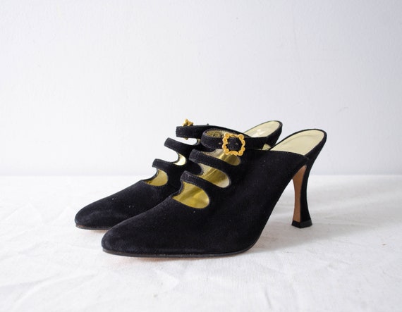 black suede mules | strappy high heel mules | Sesto Meucci shoes | US 6 UK 36.5 black suede mules | strappy high heel mules | Sesto Meucci shoes | US 6 UK 36.5