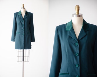 green velvet jacket | 90 vintage Amanda Smith dark forest green dark academia velvet trim long oversized blazer