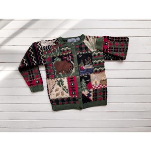 Northern Isles vtg forest animal mountain cabin plaid hand knit cardigan