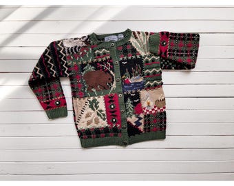 Northern Isles vtg forest animal mountain cabin plaid hand knit cardigan