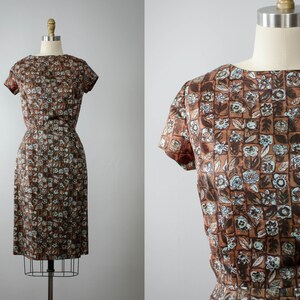 vtg 1950s brown floral wiggle pencil dress size S