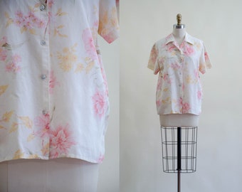 floral linen blouse | 90s vintage pastel yellow pink romantic cottagecore folk short sleeve blouse