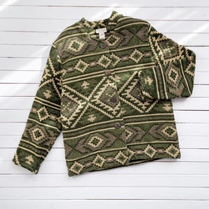 tapestry jacket 90s vintage Cedar Canyon green beige southwestern woven blanket coat