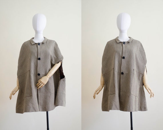 houndstooth wool cape | tan wool cape | 1960s cape
