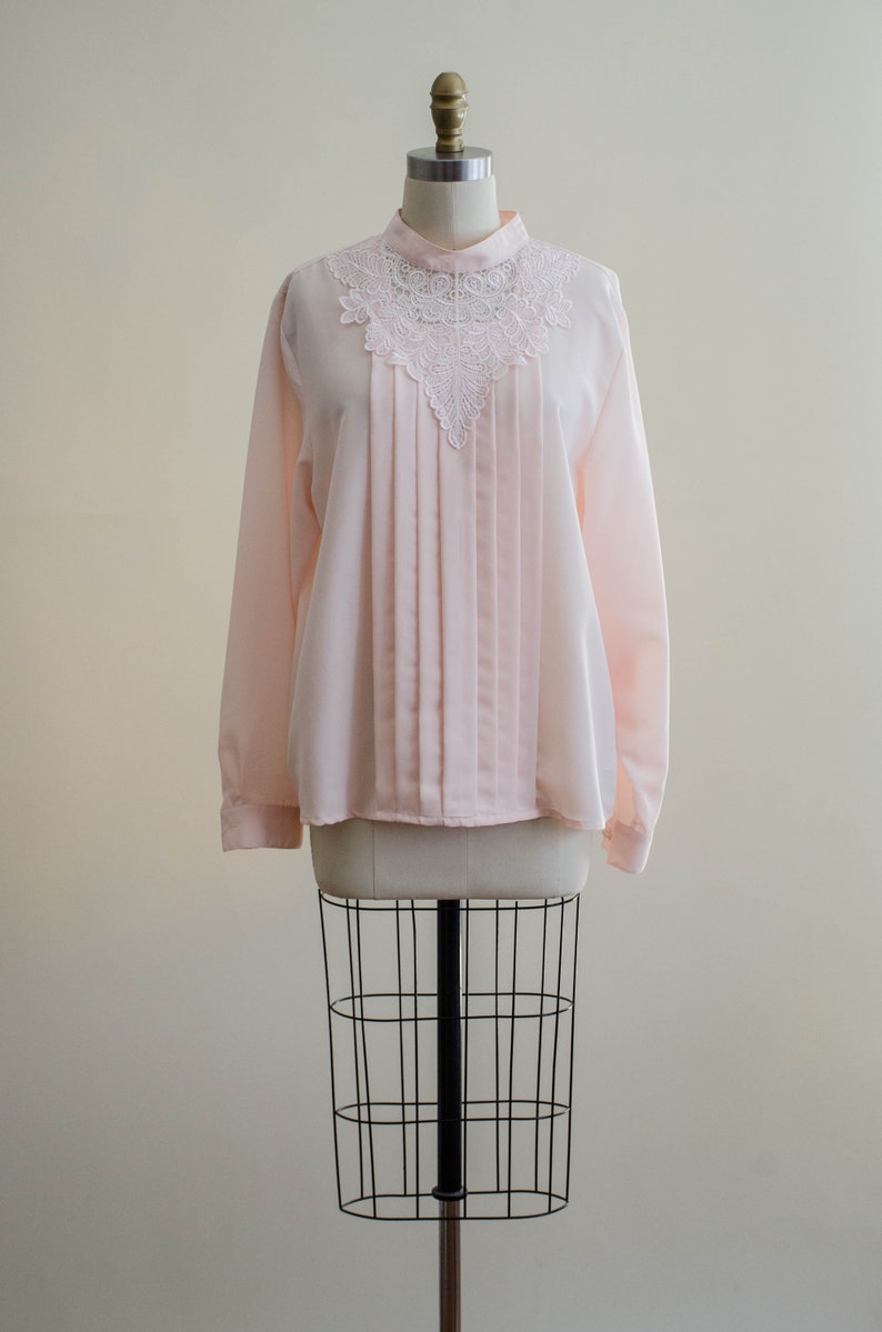 80s lace collar blouse silky pink Edwardian style high collar vintage blouse image 4