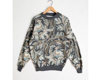 Crossings Vintage Mens Deer Intarsia Knit Cotton Sweater Made in USA Grey M