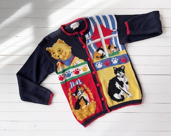 cat sweater 80s 90s Alexandra Barlett patchwork colorblock kitten novelty embroidered grandma cardigan