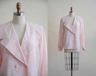 80s pink embroidered sailor collar blouse | blush pink romantic cottagecore vintage shirt