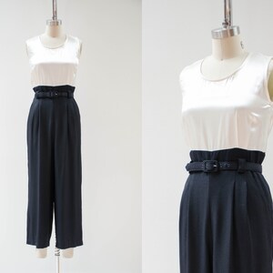 black wide leg jumpsuit | 80s 90s vintage black white two tone high contrast belted cropped jumpsuit