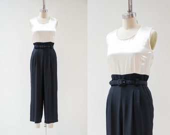 schwarzer breiter Bein Jumpsuit | 80er 90er jahre vintage schwarz weiß zweifarbig hochkontrast gürtel beschnittener Jumpsuit