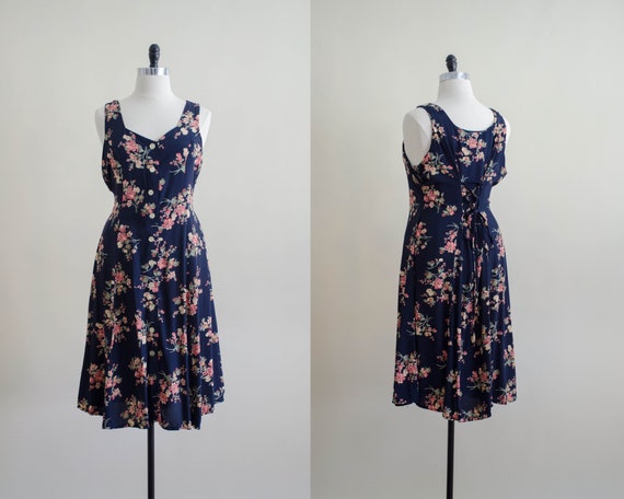 navy floral midi dress | corset back dress