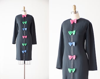 schwarzes minikleid 80er 90er vtg pink grün blau schleife langarm urlaub kleid