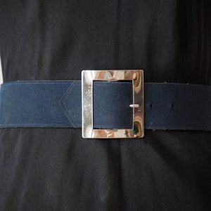 vegan leather belt 90s vintage dark blue academia style wide faux suede waist belt silver buckle image 2