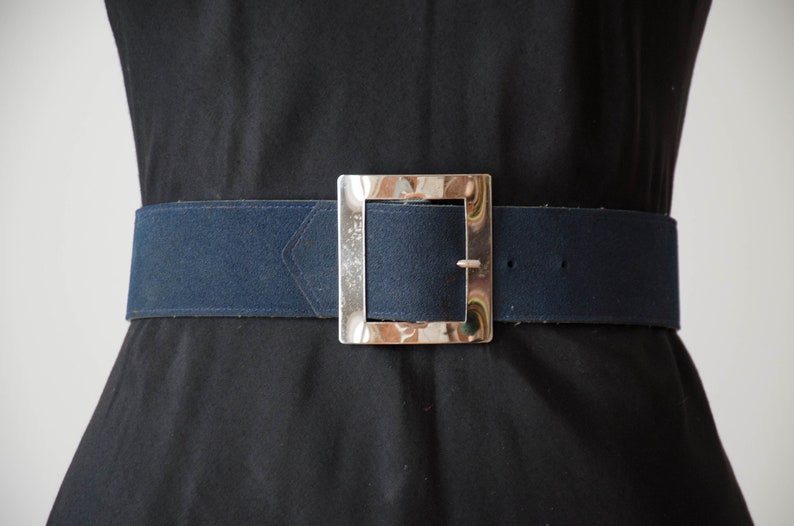 vegan leather belt 90s vintage dark blue academia style wide faux suede waist belt silver buckle image 2
