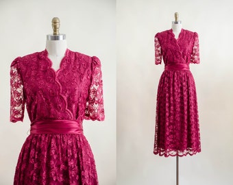 red lace dress | 70s 80s vintage burgundy dark pink floral lace surplice tea length bridesmaid dress gown