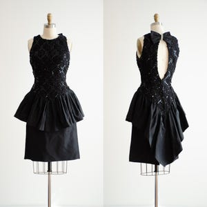 black peplum dress 80s vintage sequin keyhole back short party mini dress