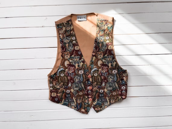 Teddy Bear Tapestry Vest 80s 90s Vintage Facets Embroidered