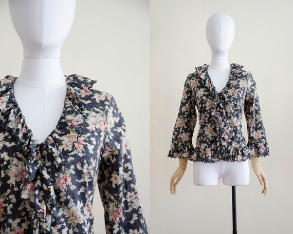 black ruffled prairie blouse | black floral blouse
