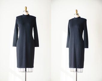 St. John knit dress | 80s 90s vintage designer minimalist mockneck black knit long sleeve wiggle sweater dress