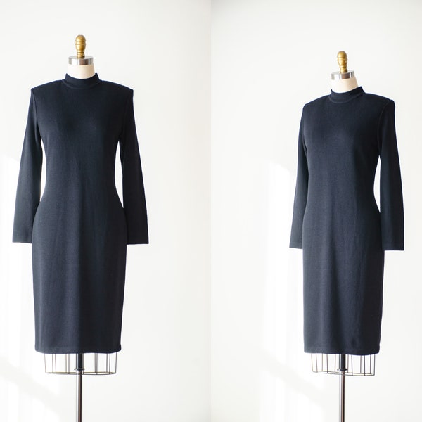 St. John knit dress | 80s 90s vintage designer minimalist mockneck black knit long sleeve wiggle sweater dress