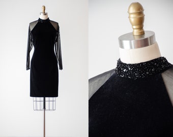 black velvet dress | 90s y2k vintage jet black sheer mesh sleeve beaded choker collar mini dress