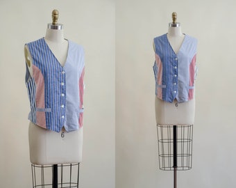 striped cotton vest | 90s vintage Liz Claiborne blue white red striped preppy cotton waistcoat