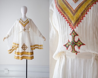 white cotton dress | vintage Ethiopian Eritrean traditional embroidered long sleeve dress and shawl