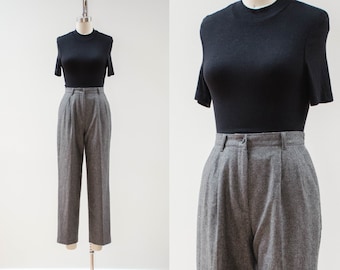 high waisted pants | 80s 90s vintage heavy gray wool dark academia pleated trousers