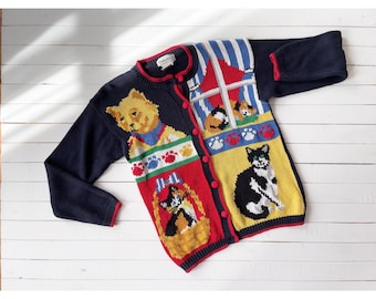 Alexandra Barlett vtg cat kitten novelty embroidered grandma cardigan sweater