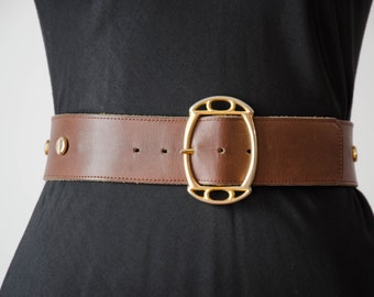 wide brown leather belt | 80s 90s vintage dark academia style gold studded leather statement belt