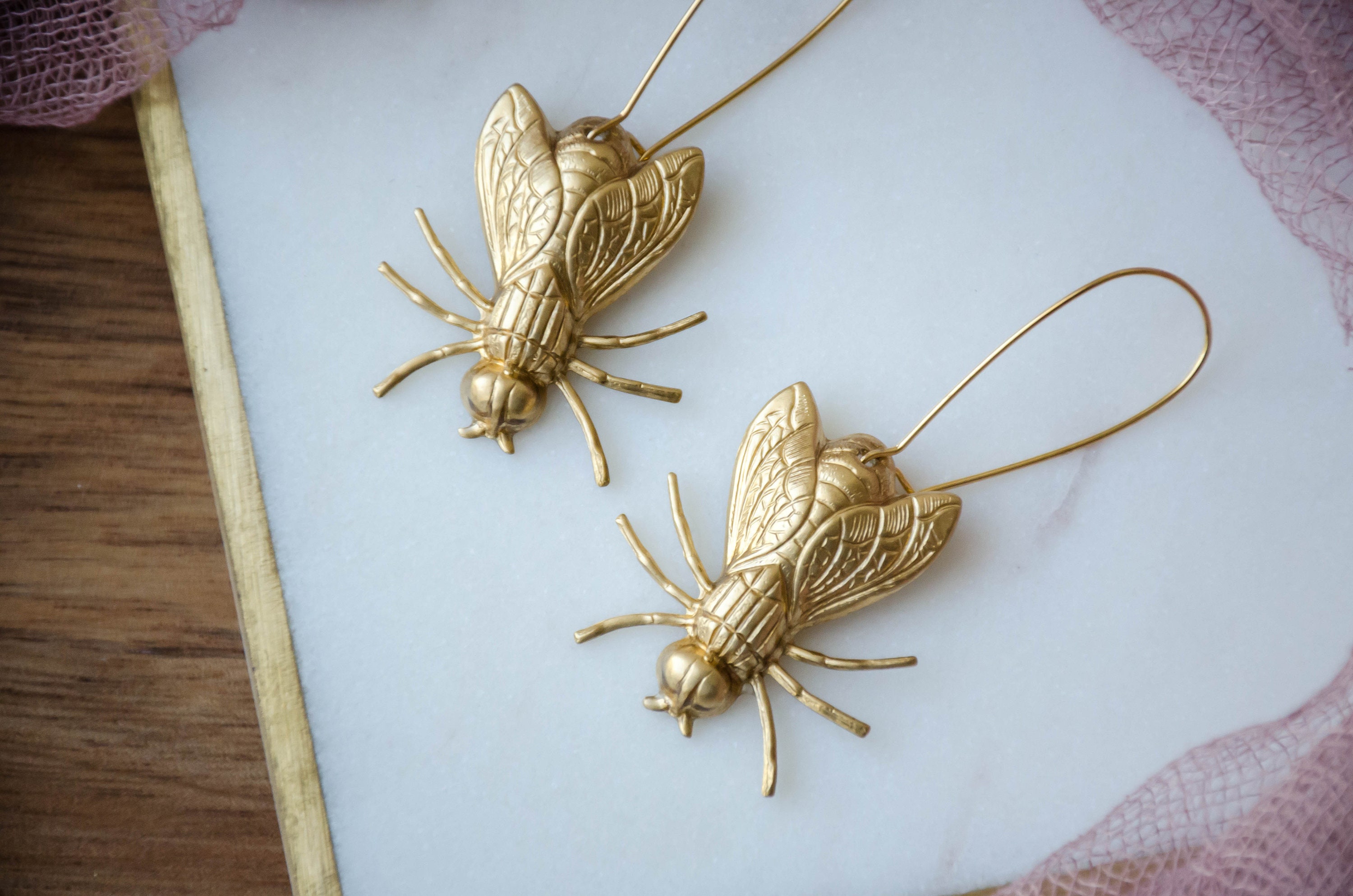 Gold fly earrings insect charm earrings vintage brass Etsy
