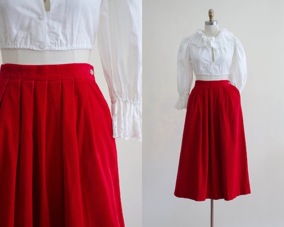 red corduroy midi skirt | red fit and flare skirt