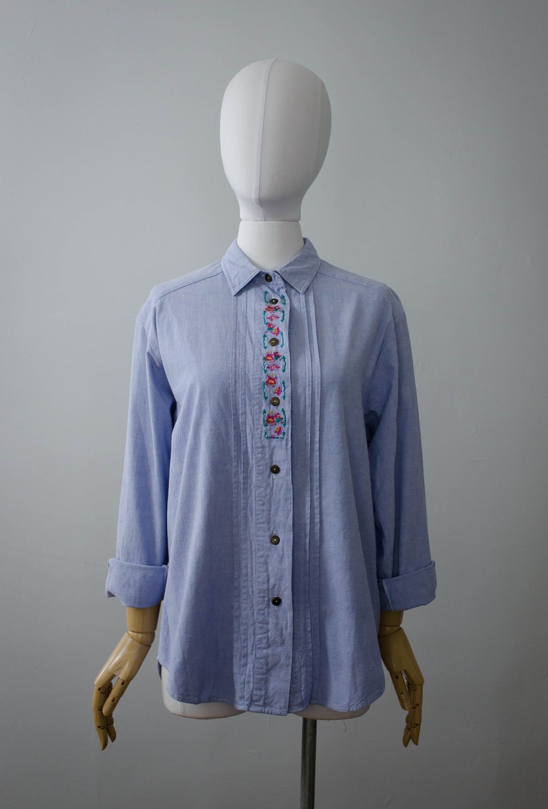 blue cotton blouse novelty embroidered blouse