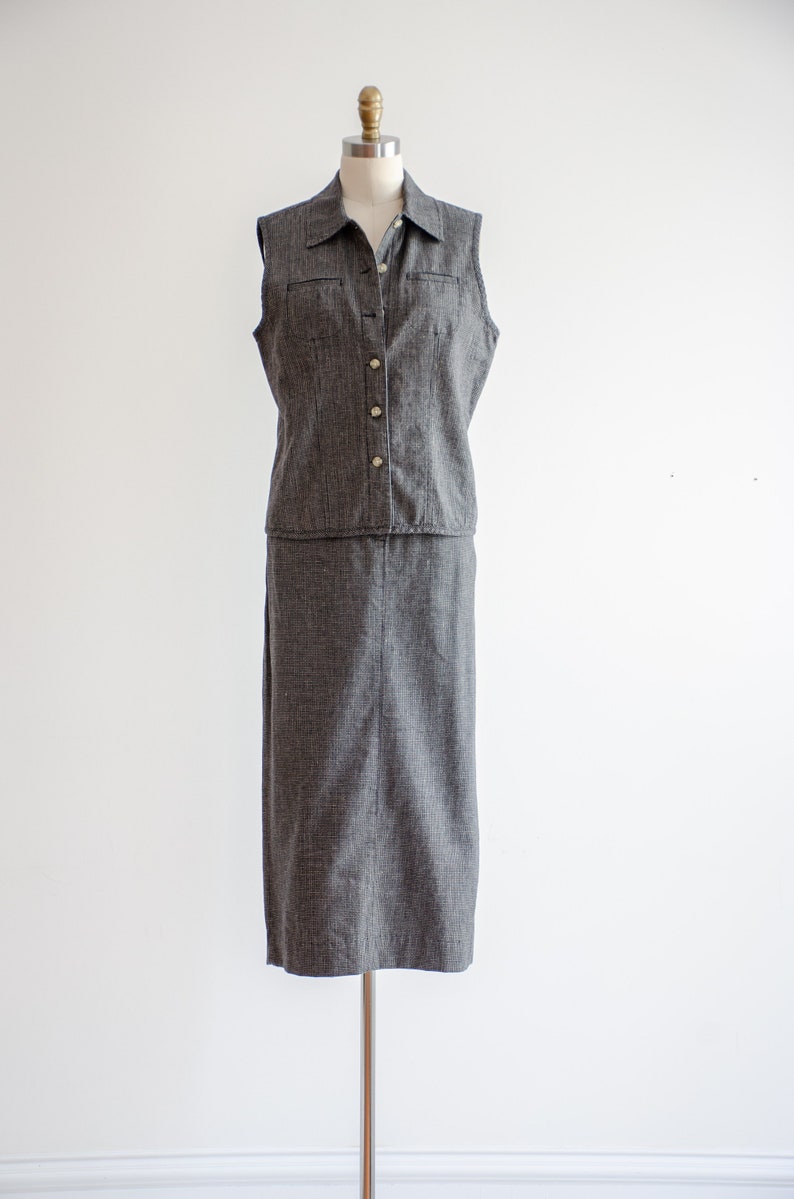 black linen skirt set 90s y2k vintage Talbot's minimalist black beige plaid linen midi skirt black linen vest image 5