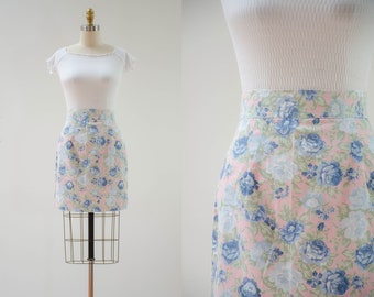 cute cottagecore skirt | 80s 90s vintage pastel blush pink blue romantic rose floral short denim mini skirt