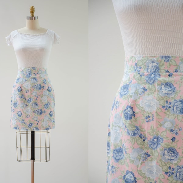 cute cottagecore skirt | 80s 90s vintage pastel blush pink blue romantic rose floral short denim mini skirt