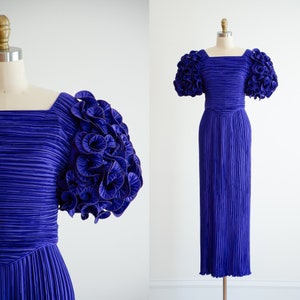 purple formal dress 80s vintage George F. Couture blue puff sleeve plisse pleated evening gown