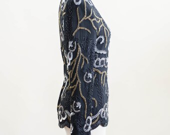 Chemisier Noir Laurence Kazar En Soie Avec Perles - Taille L, Occasion Bon état