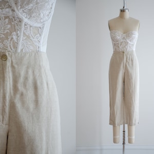 skrócone lniane spodnie | 90s y2k vintage Liz Claiborne oatmeal beżowe lniane spodnie capri z wysokim stanem i prostymi nogawkami
