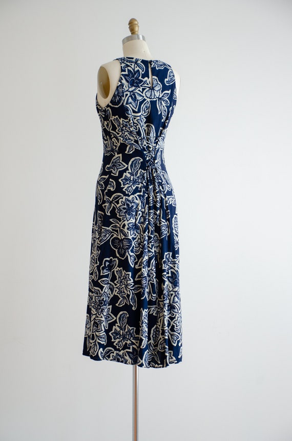 navy midi dress 90s vintage dark blue batik flora… - image 7