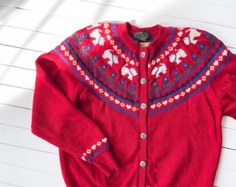 cute cottagecore sweater 80s 90s vintage Fair Isle white dog red wool cardigan