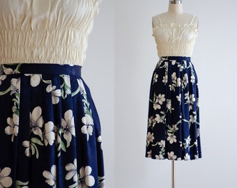 navy blue silk skirt 80s 90s vintage dark blue white floral skirt