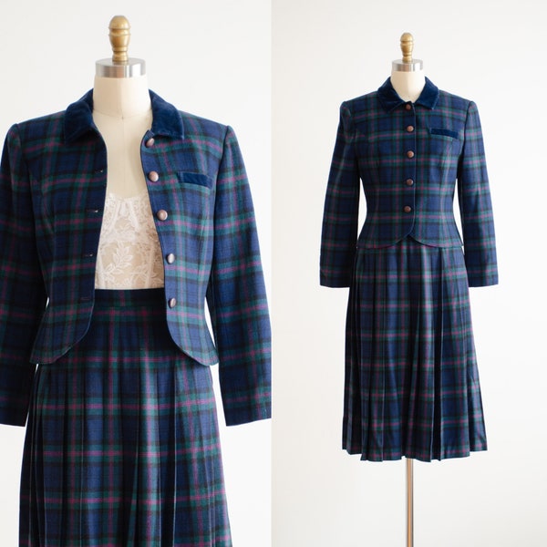 plaid wool suit 80s vintage Pendleton Baird tartan navy pleated wool skirt suit