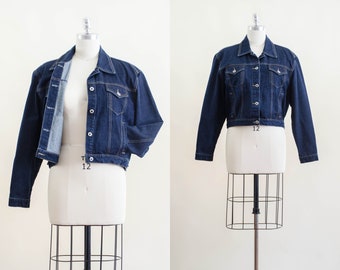 cropped jean jacket | 90s y2k plus size vintage Carolina Blues dark wash short denim jacket