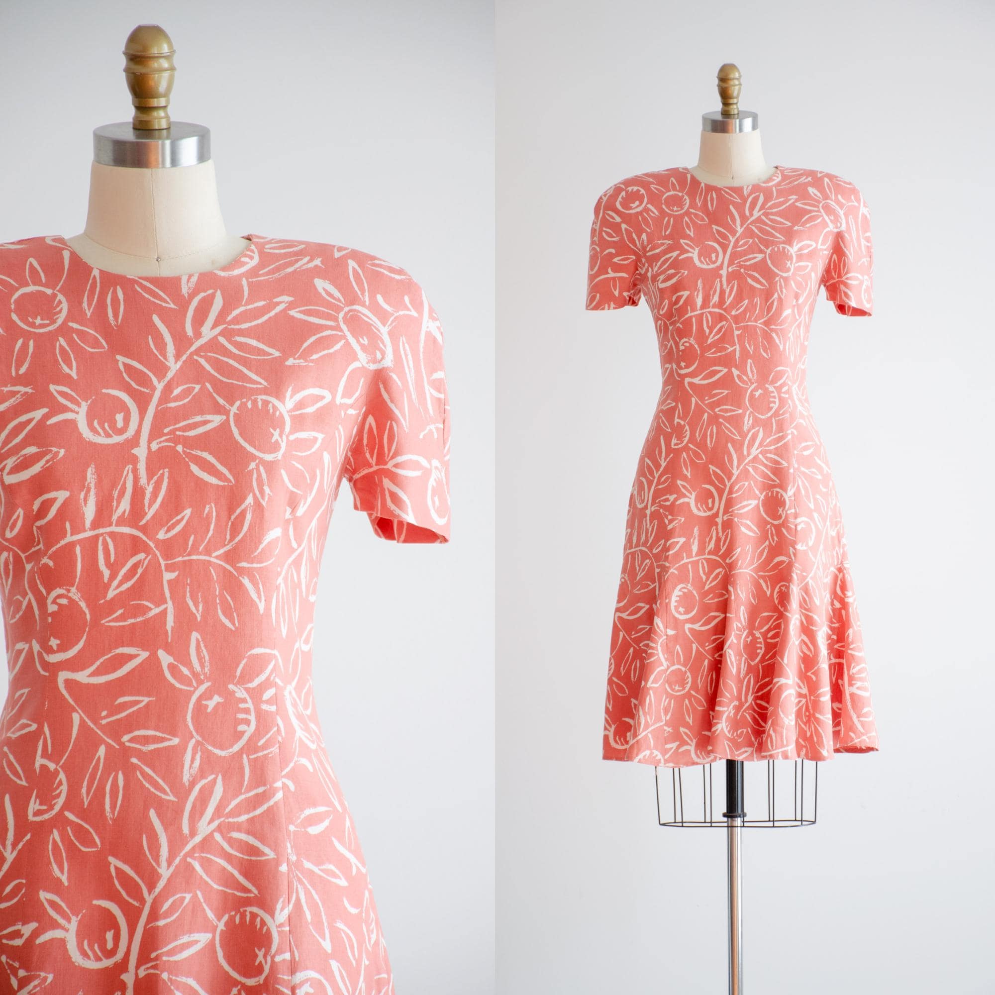 pink linen dress 80s vintage orange terra cotta fruit pattern mini dress