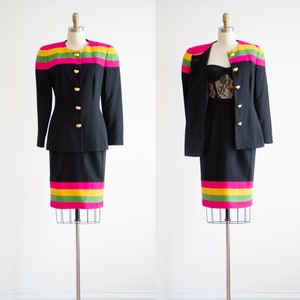 black wool suit 80s vintage hot pink lime green yellow striped skirt suit image 1