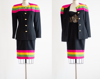 black wool suit 80s vintage hot pink lime green yellow striped skirt suit