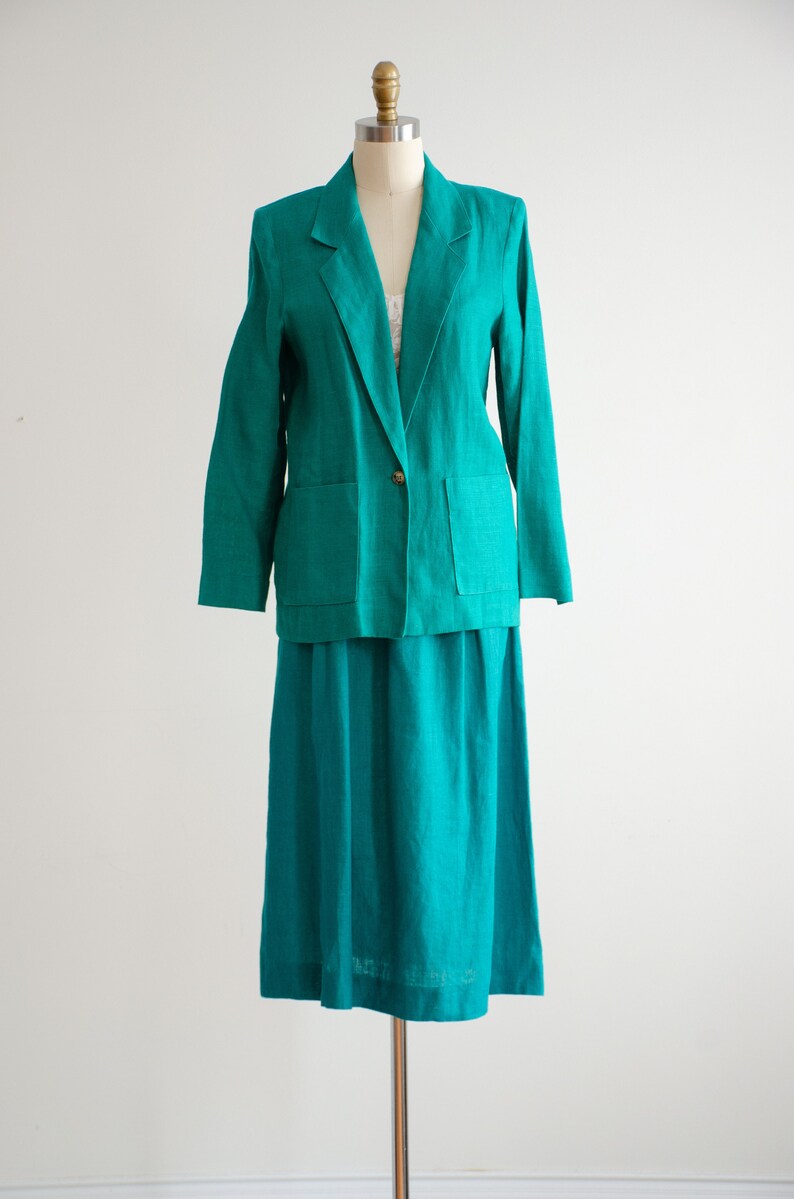 green linen suit 80s vintage David Brooks pleated midi skirt suit image 5