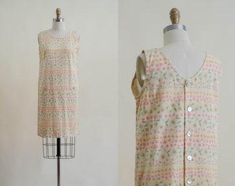 daisy floral linen dress | 90s y2k vintage pastel yellow pink white daisy loose short shift smock mini dress