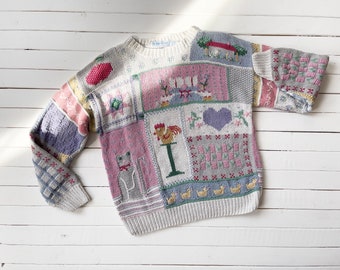 cute cottagecore sweater 80s 90s vintage Northern Isles cat chicken duck pastel granny sweater